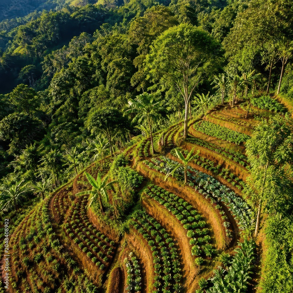Fototapeta premium Lush Terraced Vegetable Gardens Integrated Into Verdant Jungle Landscape Viewed From Above