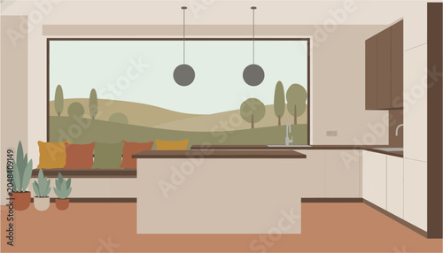 Obraz na płótnie Modern kitchen interior with large window overlooking serene landscape during da