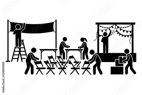 Stick Figure People Preparing and Setting Up for an Event or Party