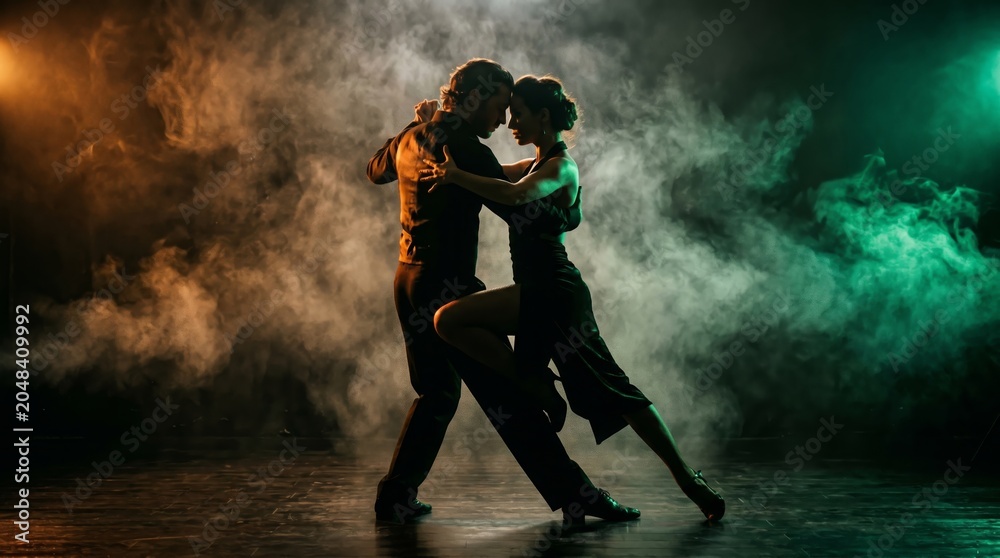 Obraz premium A silhouette couple gracefully performs a tango dance under moody, colorful lighting. Concept of dance, passion, and elegance for music, performance arts, and romance imagery. Generative AI.