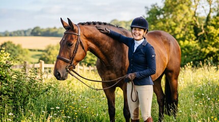 Equestrian woman with brown horse outdoors.