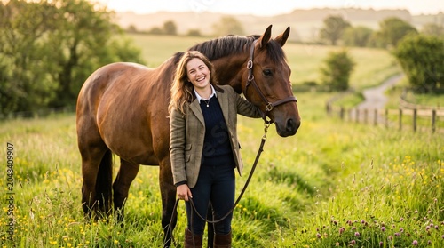 Woman standing with brown horse outdoors.