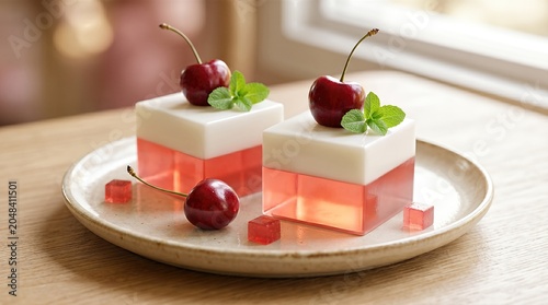 Two square jelly desserts with white cream topping, garnished with cherries and mint leaves, presented on a beige plate against a bright window background