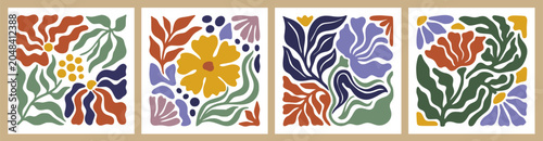 A collection of four minimalist vector illustrations featuring abstract, organic floral patterns and botanical elements