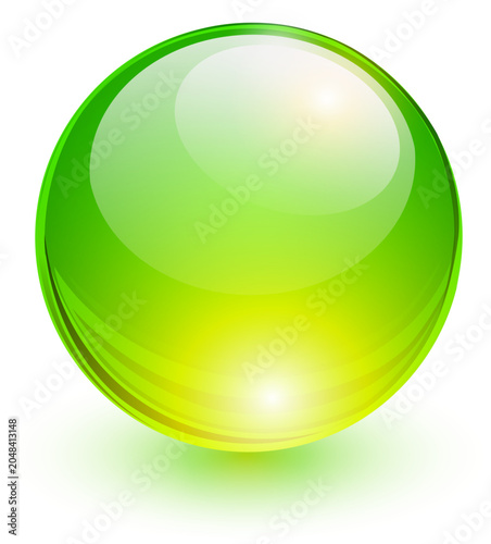 Green glass ball, shiny sphere icon.