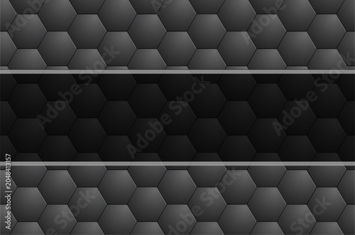 Dark gray background with hexagonal pattern and banner for text.