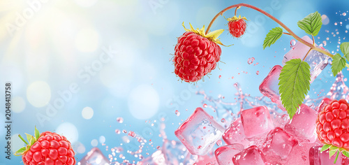Fresh red raspberries splashing with ice cubes on a blue bokeh background