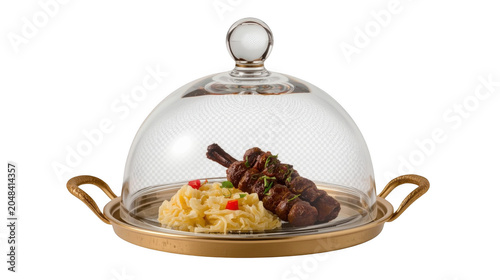 Gourmet Food Presentation on Golden Serving Platter with Cloche Cover, Elegant and Luxurious Style