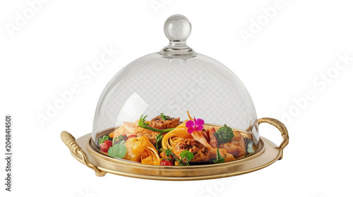 Gourmet Food Presentation on Golden Serving Platter with Glass Cover, Elegant and Luxurious Style