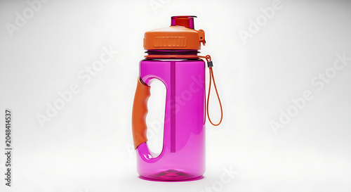 Pink water bottle with colorful cap on white surface