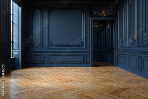 Interior view of a classic, ornate room with dark blue wall paneling, gold accents, a wooden floor, and a tall window
