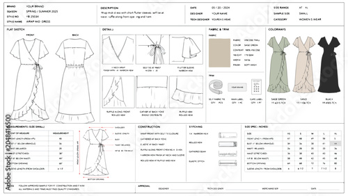 Professional fashion tech pack for a wrap maxi dress, technical flat sketches and garment specification sheet, apparel manufacturing vector template