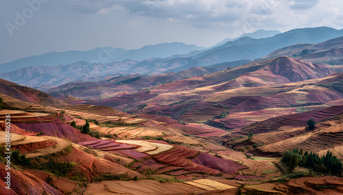Expansive landscape with undulating, vibrant red and brown earth terraced into patterned fields against distant mountains