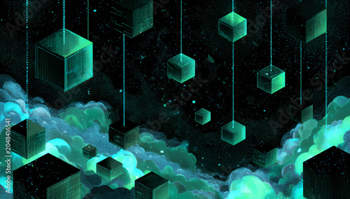 Digital art featuring glowing cubes suspended from above, contrasted by ethereal, cloudy forms below in a teal and black palette