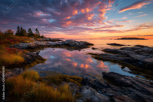 Coastal scene at sunset with a rock-strewn shoreline and vibrant clouds reflected in a tide pool