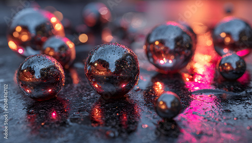Close-up of reflective spheres scattered across a wet surface with vibrant, blurred light reflections, creating a dynamic composition