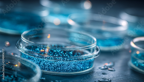 Close-up of petri dishes containing blue liquid and particles. Water droplets are on the surface, creating a laboratory setting