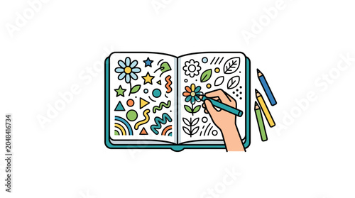 Obraz na plátne Hand drawing colorful designs in an open sketchbook