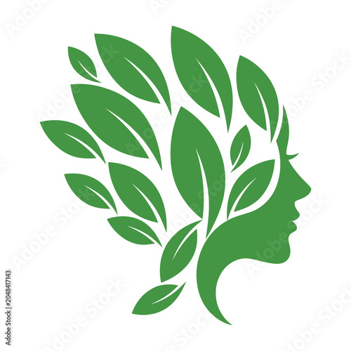 Photos Green silhouette of a womans face with leaves for hair profile view icon