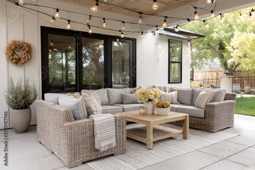 An outdoor living space with cozy seating, string lights, and a wooden coffee table, perfect for relaxation