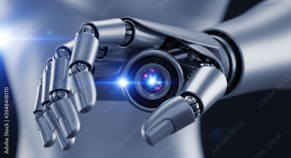 Fototapeta premium Close up macro view of a futuristic humanoid robot hand with glowing eye sensor
