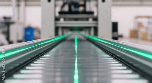 Automated warehouse conveyor system with vibrant green laser guidance, showcasing advanced logistics technology