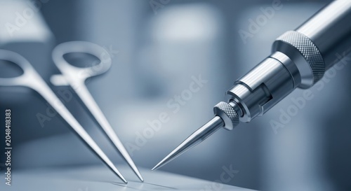 Close-up Macro Detail of Advanced Surgical Robot Instrument with Precision Tools in Medical Setting