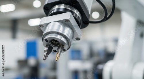 Close-up macro shot of an industrial robotic arm end effector with precision gripper in a manufacturing facility