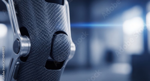 Close-up of a futuristic robotic head with carbon fiber texture and a glowing blue light effect