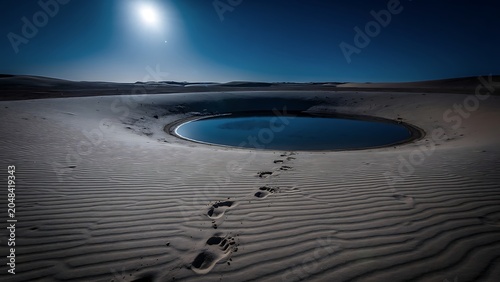 Serene Desert Oasis with Reflective Water Under Dramatic Sunset Sky