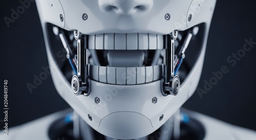 Extreme close-up of a white humanoid robot's articulated mouth and teeth with visible mechanics, showcasing advanced cybernetic design.