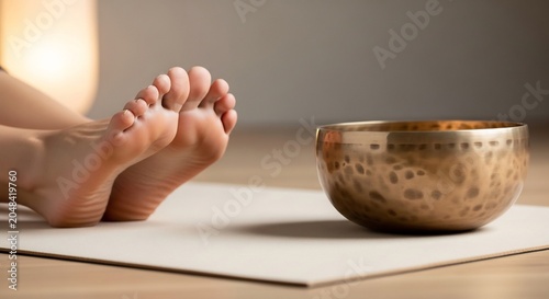 Close-up of bare feet and Tibetan singing bowl on yoga mat.