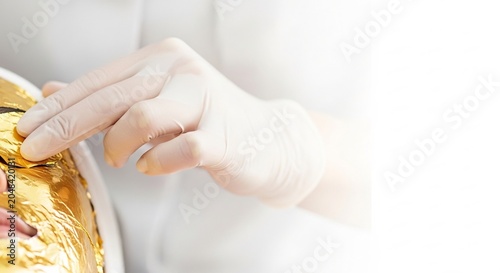 Close-up of a persons hand applying a golden facial mask to a face.