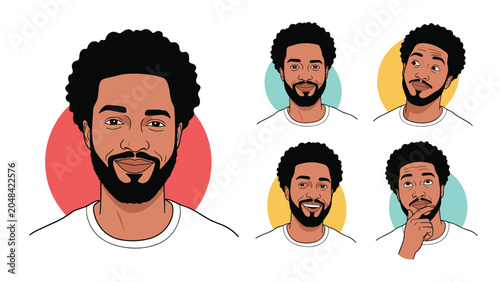 Set of portraits of a handsome African American man with an afro and beard showing different facial expressions and thinking poses.