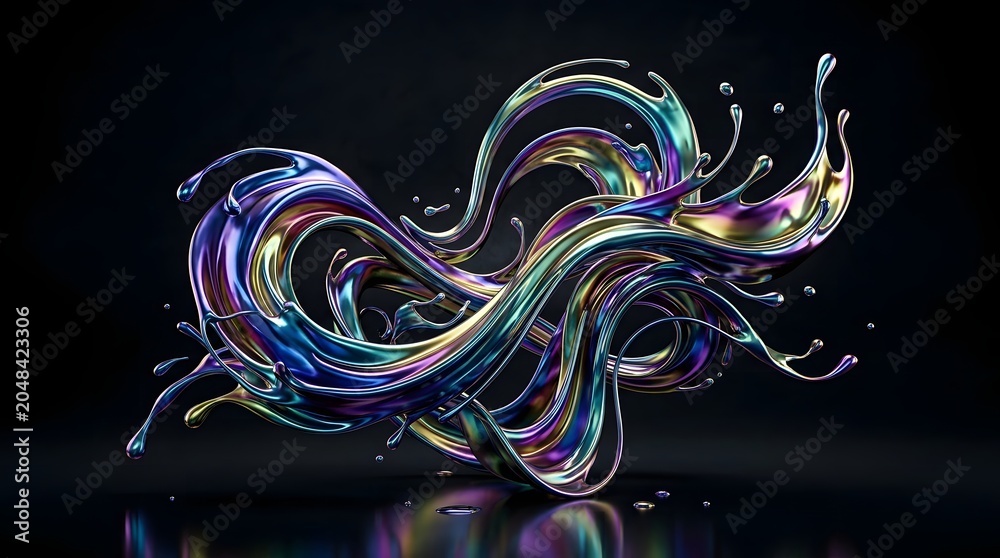 Obraz premium Abstract iridescent fluid splash with vibrant holographic colors on a dark background.