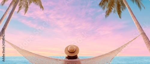 Tropical summer beach woman relaxing in hammock serene ocean view pastel background coastal lifestyle