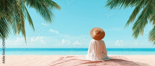 Tropical summer beach woman enjoying serene ocean view with pastel background coastal lifestyle vacation bliss