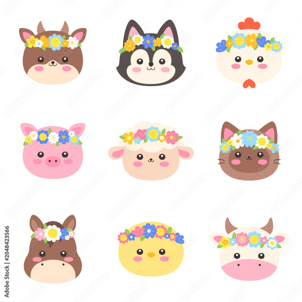 Obraz premium Cute Kawaii Farm Animal Faces with Flower Crown Set Flat Vector Illustration