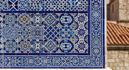 Close-up view of a wall adorned with intricate blue and white ceramic tiles featuring diverse traditional patterns and a decorative border.