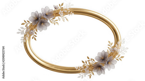 Elegant oval gold picture frame decorated with soft purple floral accents isolated on transparent background