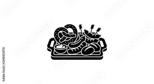 Quadro su tela A black and white icon illustration of a traditional German food platter featuring pretzels and sausages