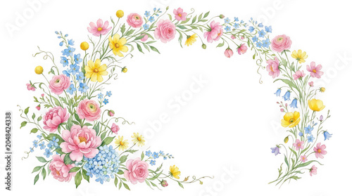 Hand painted watercolor floral arch frame with soft pink peonies and isolated on transparent background