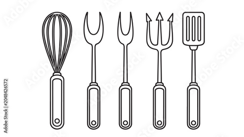 Tableau sur toile Kitchen Utensils Set of Five Outlined Tools: Whisk, Forked Spatula, Serving Fork