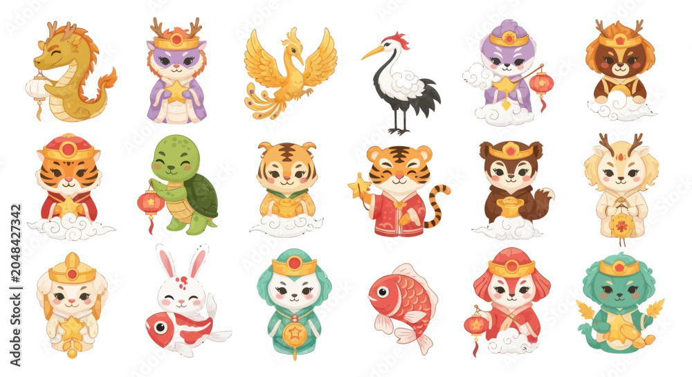 Obraz premium Cute Cartoon Chinese Zodiac Animals Characters with Lanterns, Asian Culture Festive Style