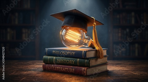 Illumination of Knowledge: A graduation cap sits atop a stack of classic books, with a glowing Edison light bulb symbolizing illumination and innovation.