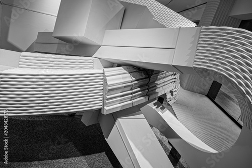 a large-scale architectural art installation, 3D-textured forms into classical architectural crown molding and raw profiles