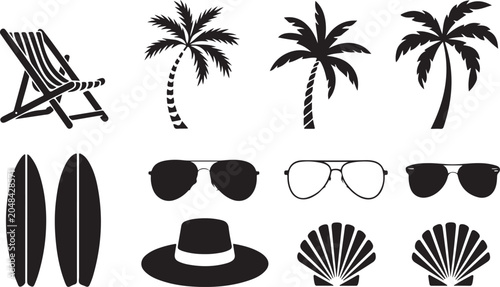 Billede på lærred Black and white beach lifestyle icons set