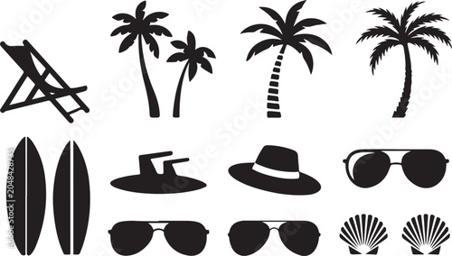 Foto Black beach vacation icons set flat design