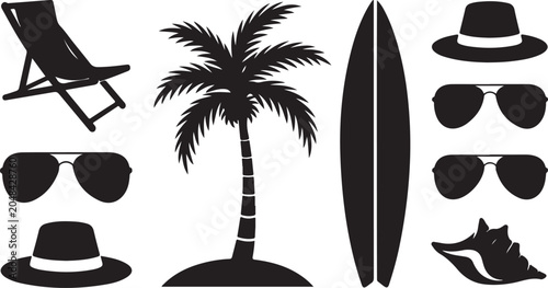 Konstfotografi Vintage beach and surf lifestyle flat icons set