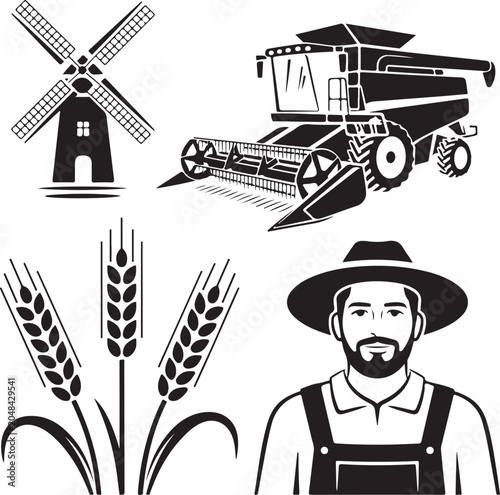 Foto Farmer harvesting wheat with vintage windmill and combine